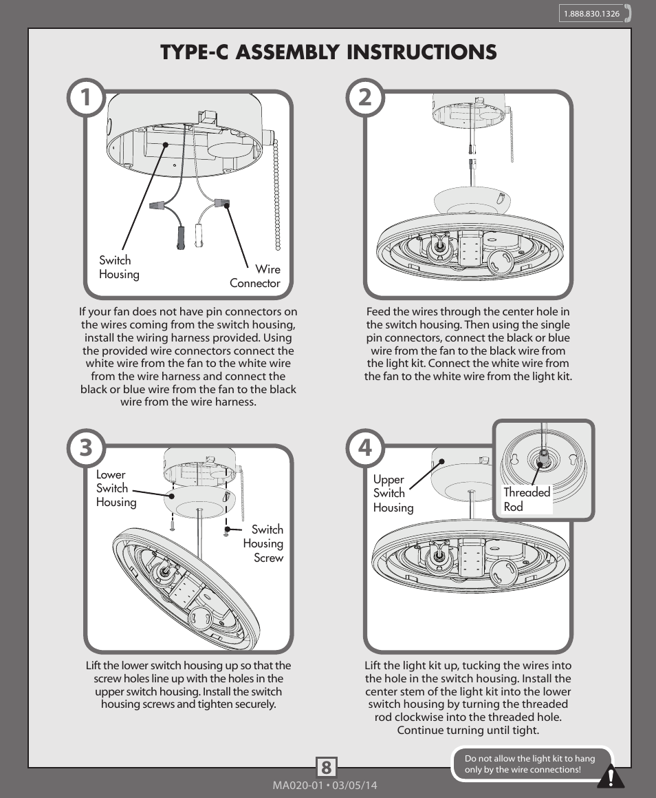 8type-c assembly instructions | Hunter 99148, 99150, 99159 Energy Star Low Profile Integrated Kit User Manual | Page 8 / 10