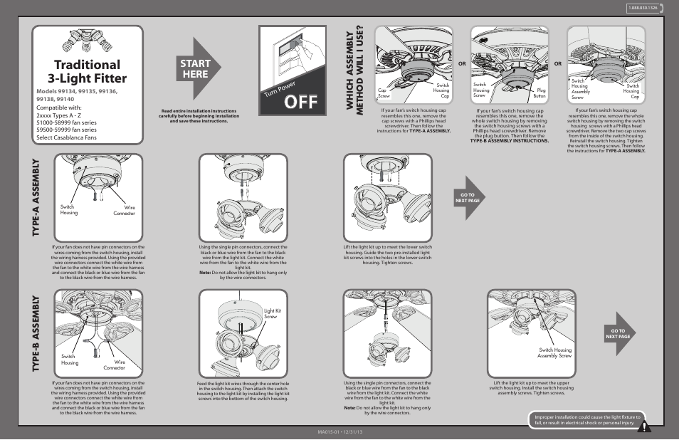 Hunter 99134, 99135, 99136, 99138, 99140 Traditional 3-Light Fitter User Manual | 2 pages