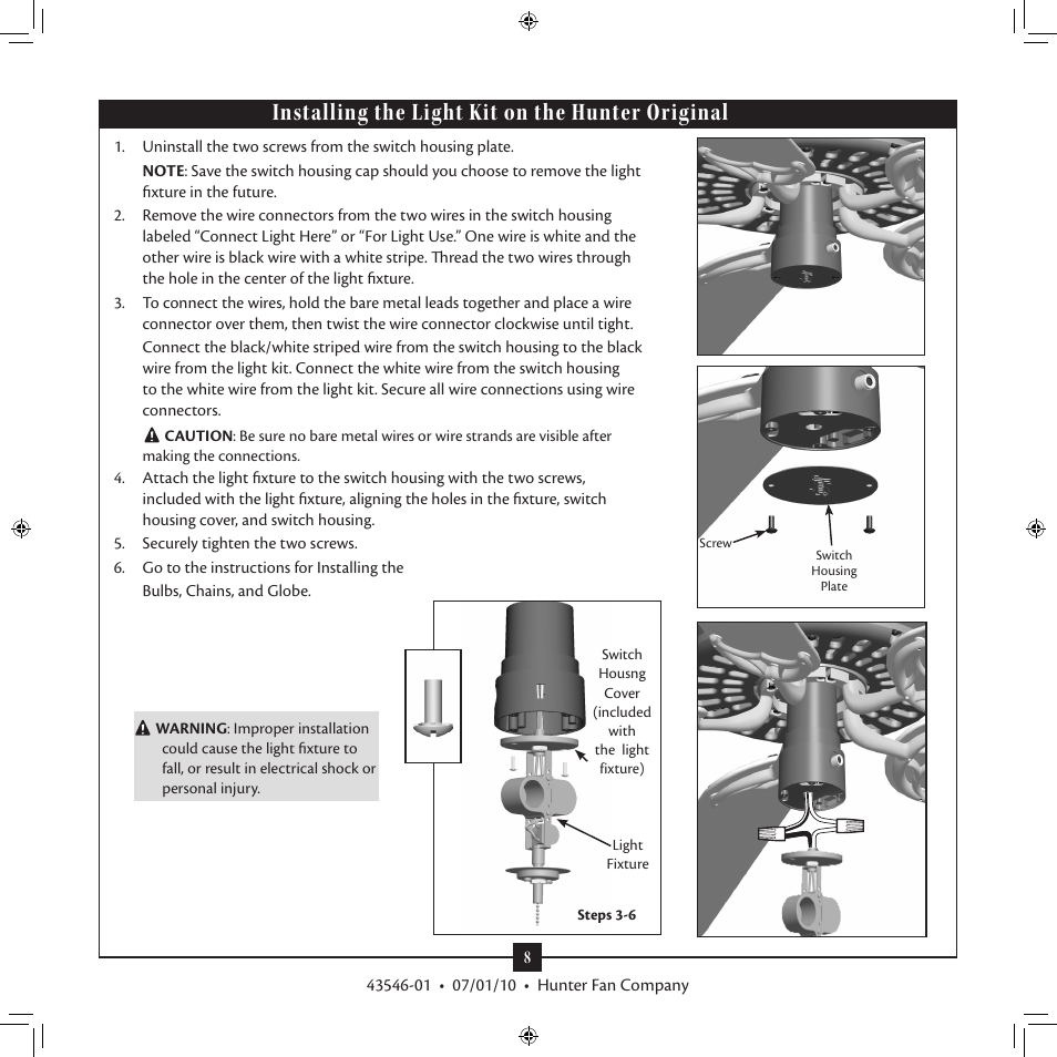 Installing the light kit on the hunter original | Hunter 25268 Original Schoolhouse Globe Light Kit User Manual | Page 8 / 10