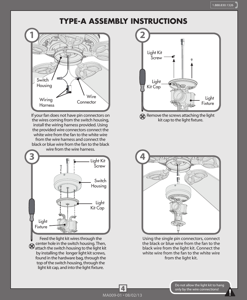 4type-a assembly instructions | Hunter 99098, 99099 3 CFL Bowl Light Kit User Manual | Page 4 / 8