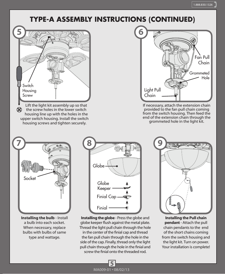 5type-a assembly instructions (continued) | Hunter 99098, 99099 3 CFL Bowl Light Kit User Manual | Page 5 / 8