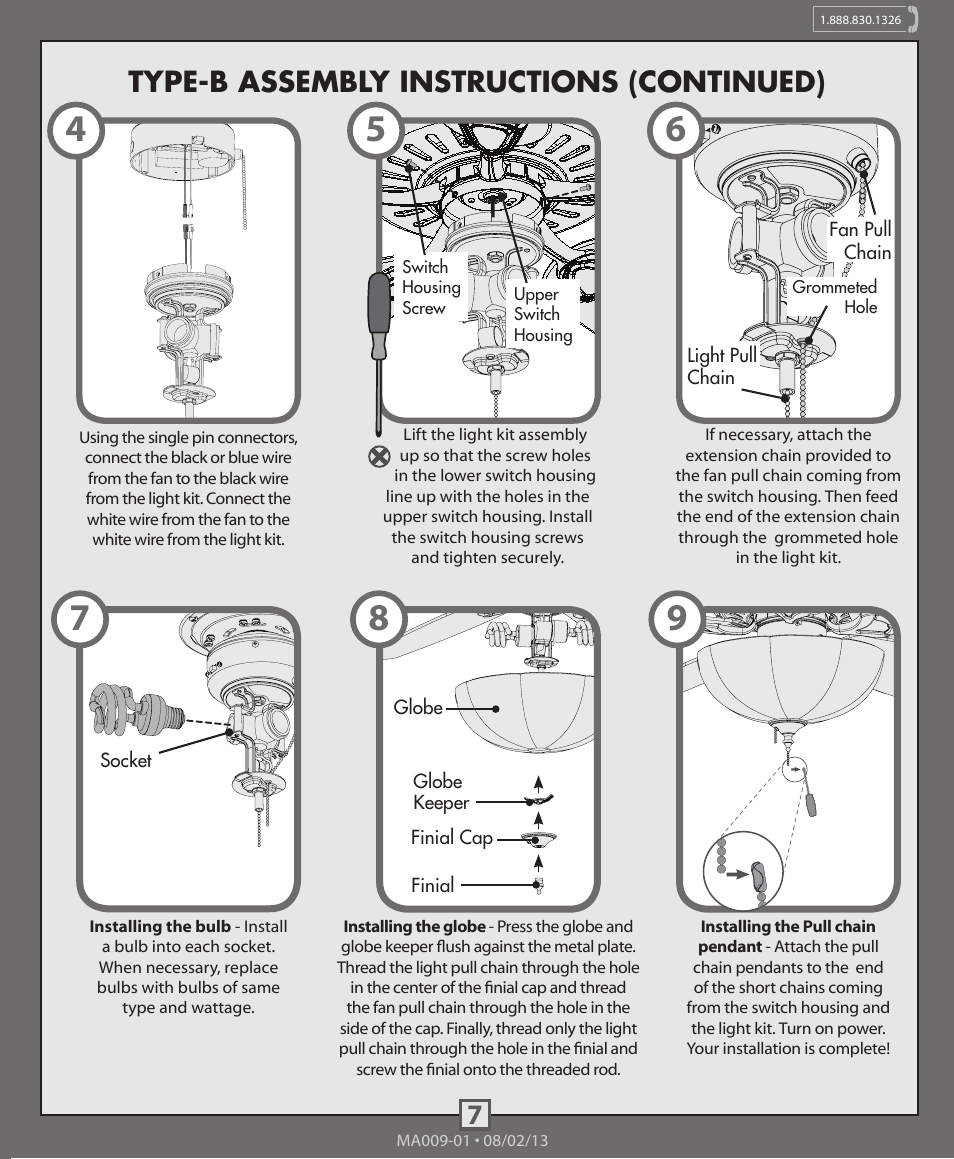7type-b assembly instructions (continued) | Hunter 99098, 99099 3 CFL Bowl Light Kit User Manual | Page 7 / 8