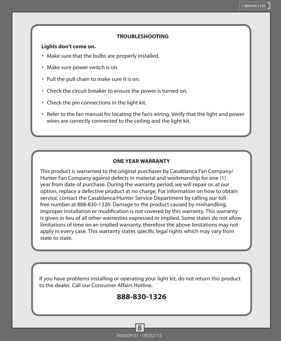 Hunter 99098, 99099 3 CFL Bowl Light Kit User Manual | Page 8 / 8