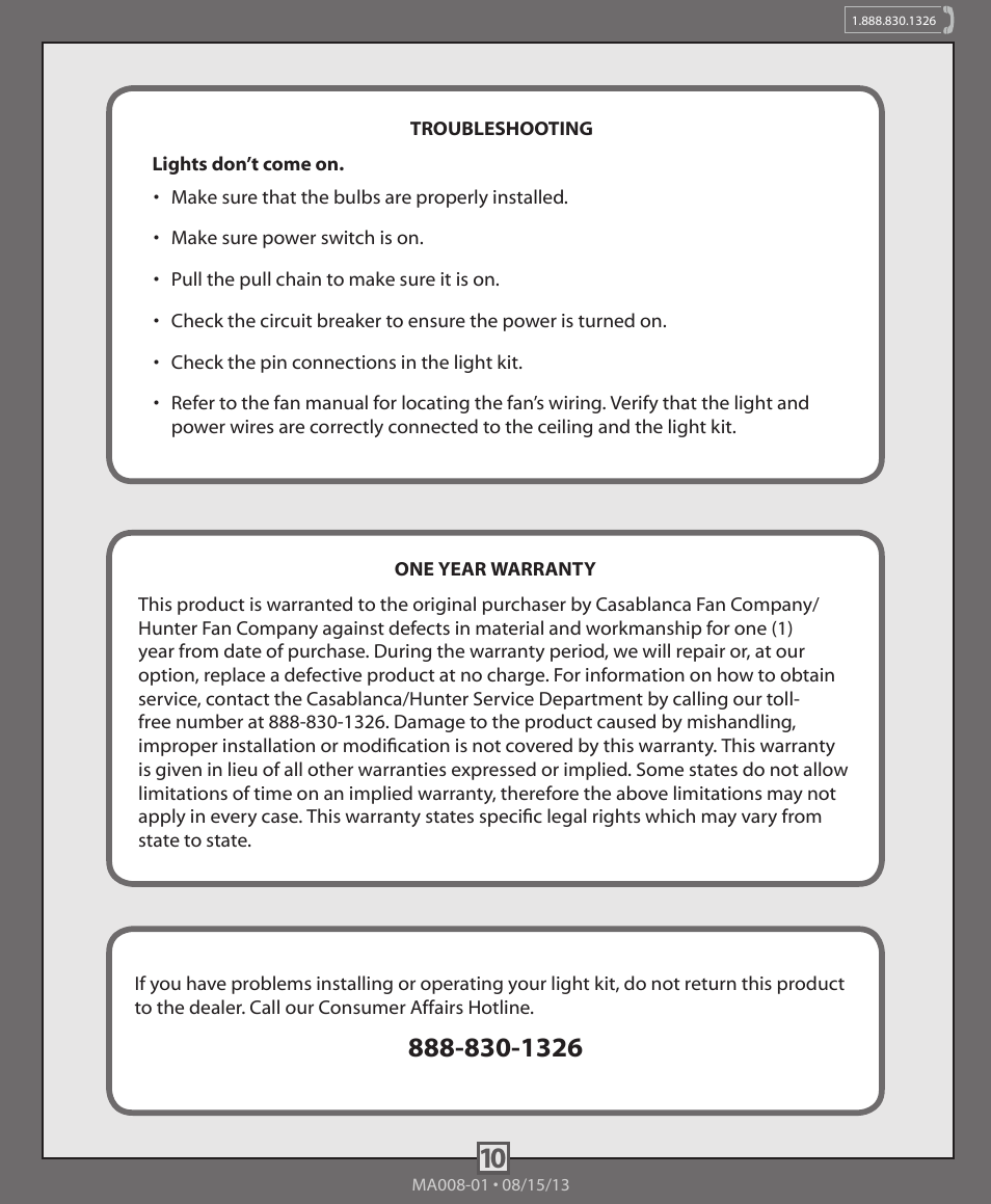 Hunter 99093, 99094 4-Light Fitter With Glass User Manual | Page 10 / 10