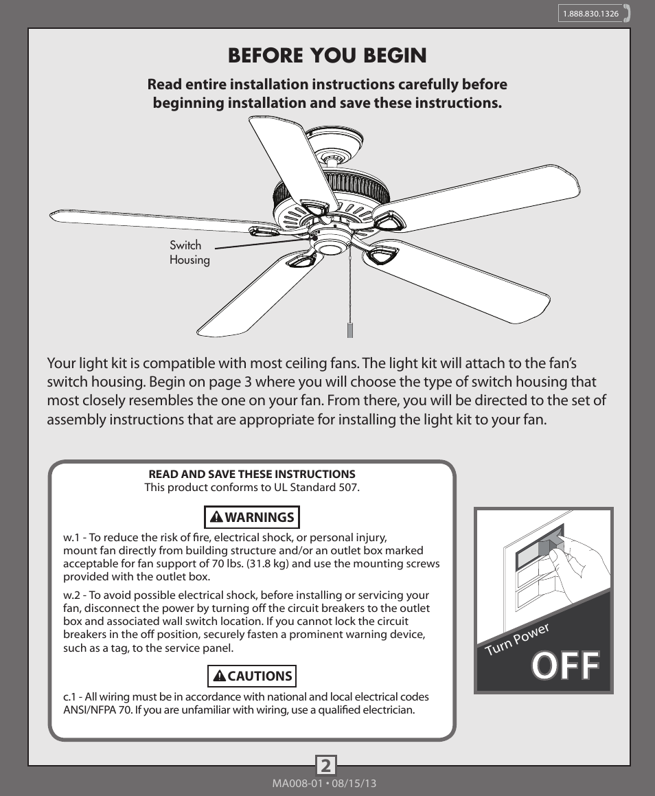 Before you begin | Hunter 99093, 99094 4-Light Fitter With Glass User Manual | Page 2 / 10