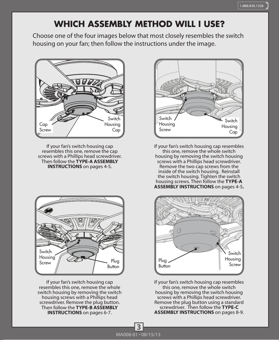 Which assembly method will i use | Hunter 99093, 99094 4-Light Fitter With Glass User Manual | Page 3 / 10