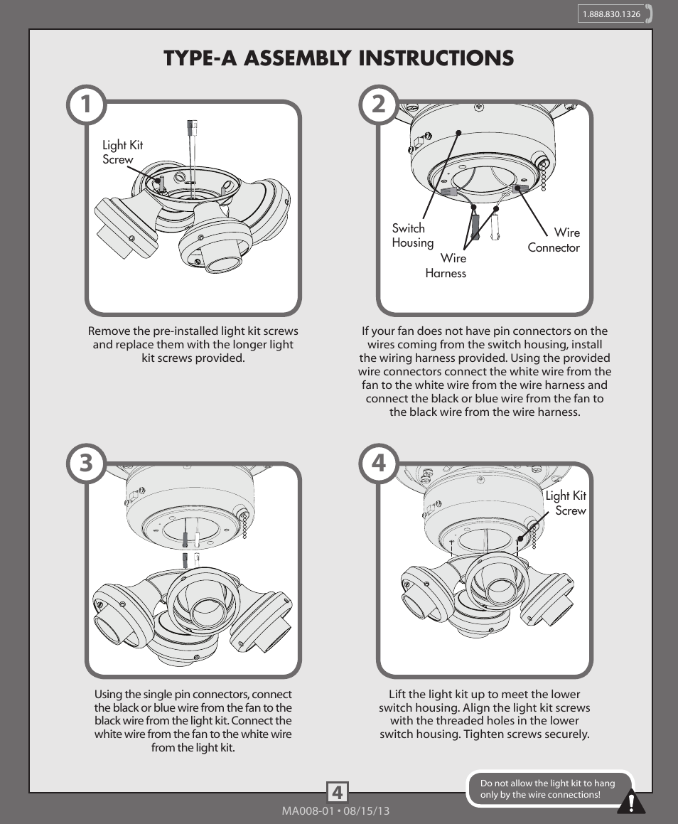 Type-a assembly instructions | Hunter 99093, 99094 4-Light Fitter With Glass User Manual | Page 4 / 10