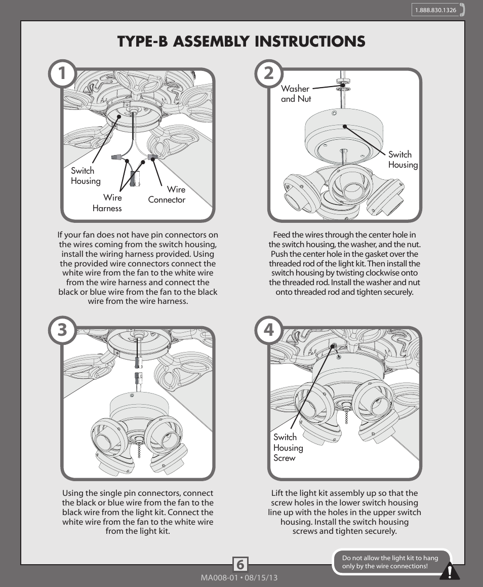 6type-b assembly instructions | Hunter 99093, 99094 4-Light Fitter With Glass User Manual | Page 6 / 10