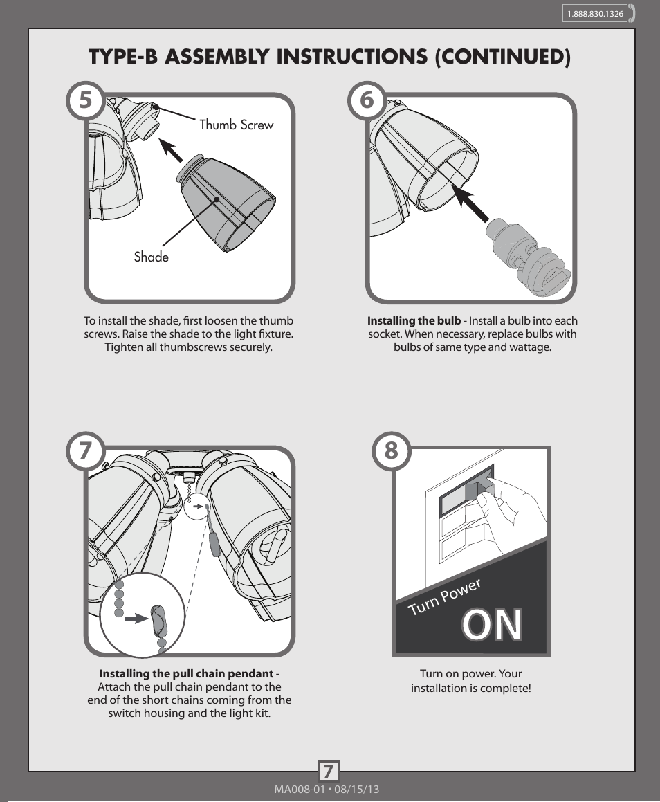 7type-b assembly instructions (continued) | Hunter 99093, 99094 4-Light Fitter With Glass User Manual | Page 7 / 10