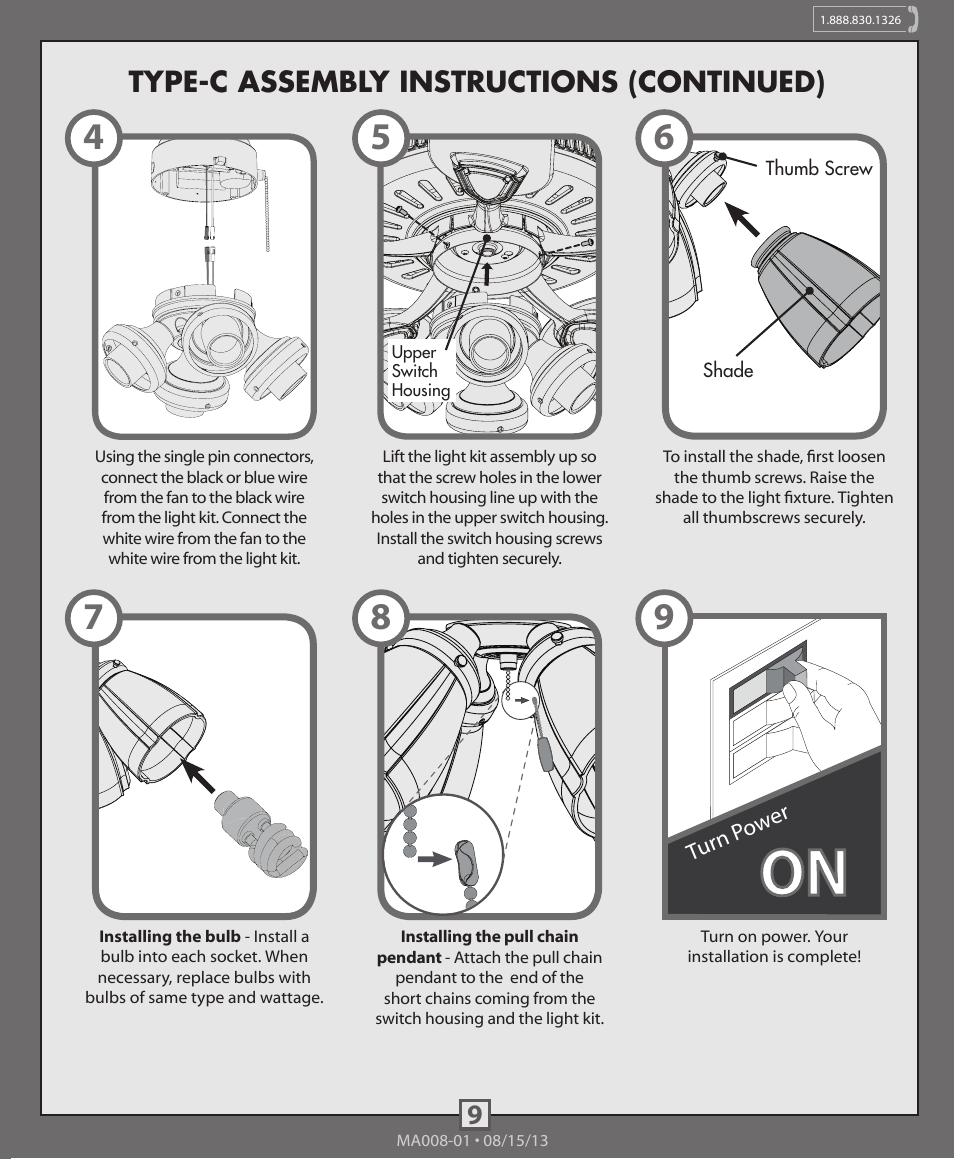 Type-c assembly instructions (continued) | Hunter 99093, 99094 4-Light Fitter With Glass User Manual | Page 9 / 10