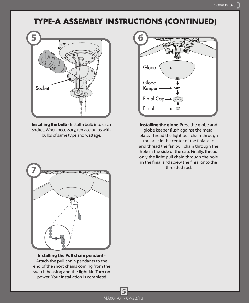 Type-a assembly instructions (continued) | Hunter 99096 CFL Bowl Light Kit User Manual | Page 5 / 10