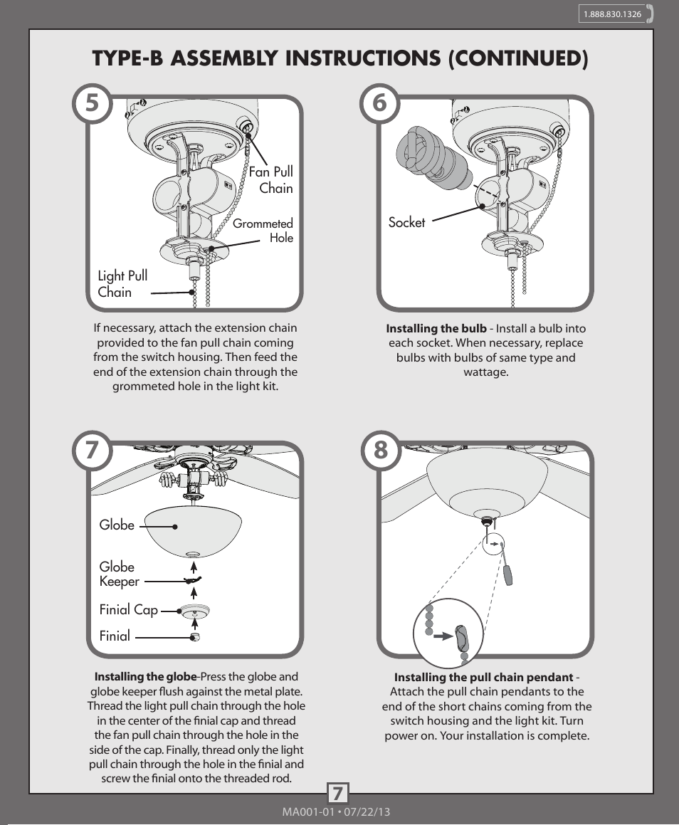 Type-b assembly instructions (continued) | Hunter 99096 CFL Bowl Light Kit User Manual | Page 7 / 10