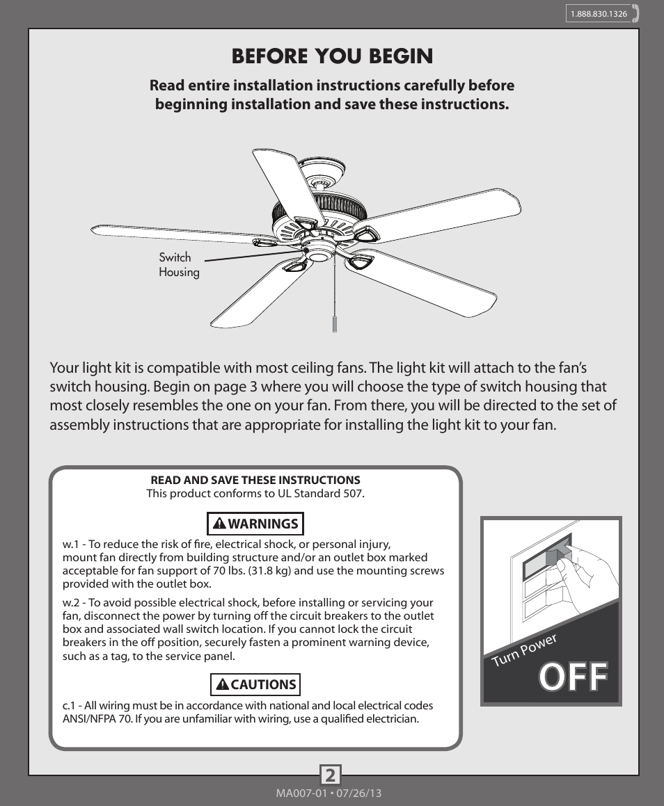 Before you begin | Hunter 99050, 99051,99052, 99053, 99054, 99055 Decorative Low Profile Integrated Kit User Manual | Page 2 / 10