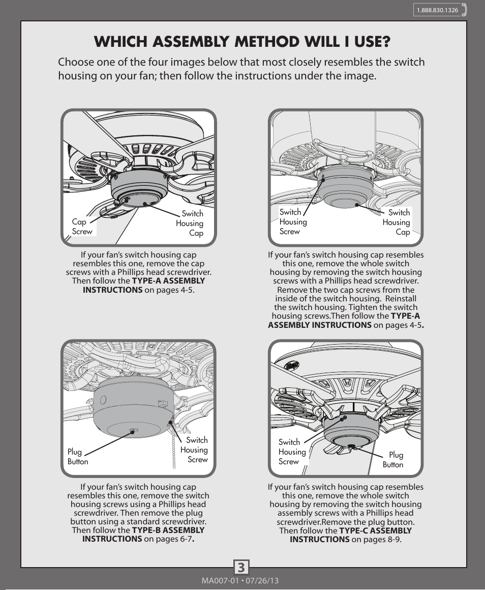 Which assembly method will i use | Hunter 99050, 99051,99052, 99053, 99054, 99055 Decorative Low Profile Integrated Kit User Manual | Page 3 / 10