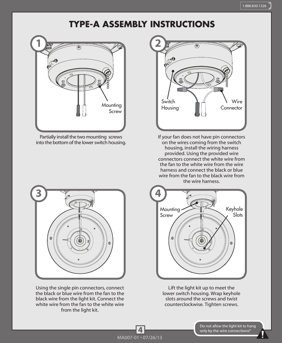 4type-a assembly instructions | Hunter 99050, 99051,99052, 99053, 99054, 99055 Decorative Low Profile Integrated Kit User Manual | Page 4 / 10