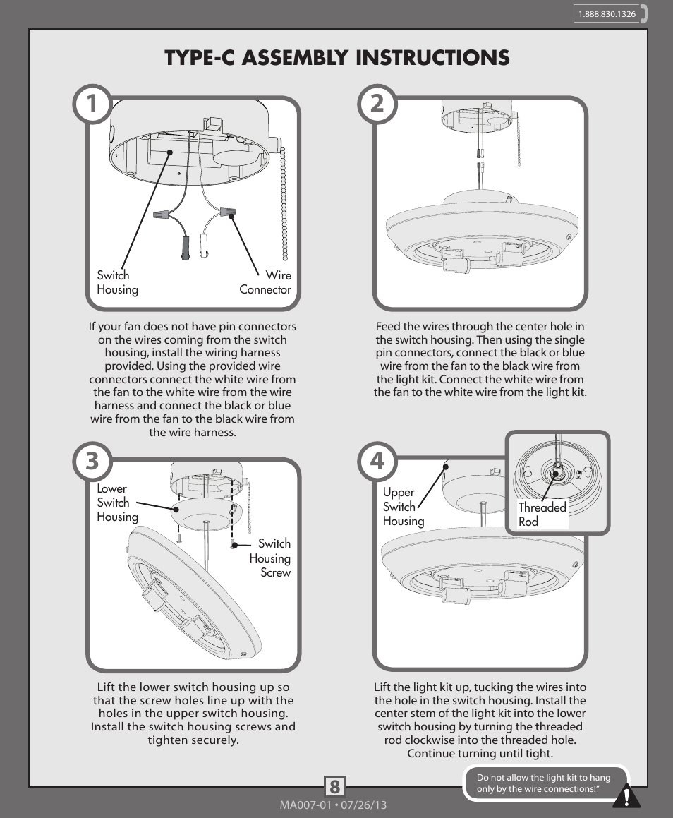 8type-c assembly instructions | Hunter 99050, 99051,99052, 99053, 99054, 99055 Decorative Low Profile Integrated Kit User Manual | Page 8 / 10