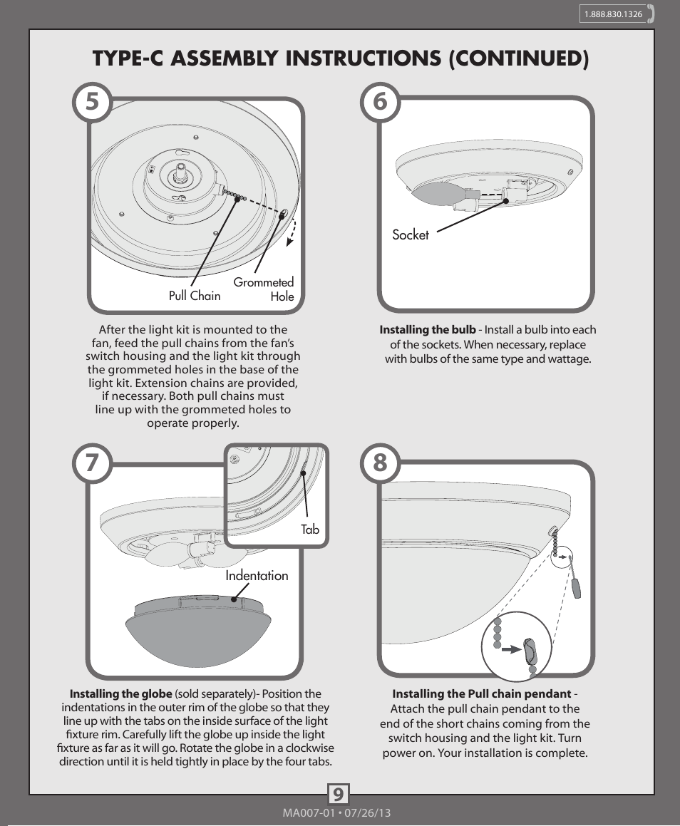 9type-c assembly instructions (continued) | Hunter 99050, 99051,99052, 99053, 99054, 99055 Decorative Low Profile Integrated Kit User Manual | Page 9 / 10