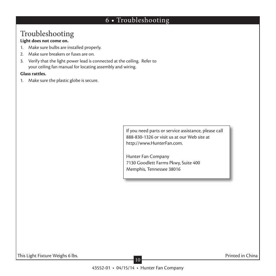 Troubleshooting, 6 • troubleshooting | Hunter 28547 Outdoor Marine II Low Profile Globe Light Kit User Manual | Page 10 / 10