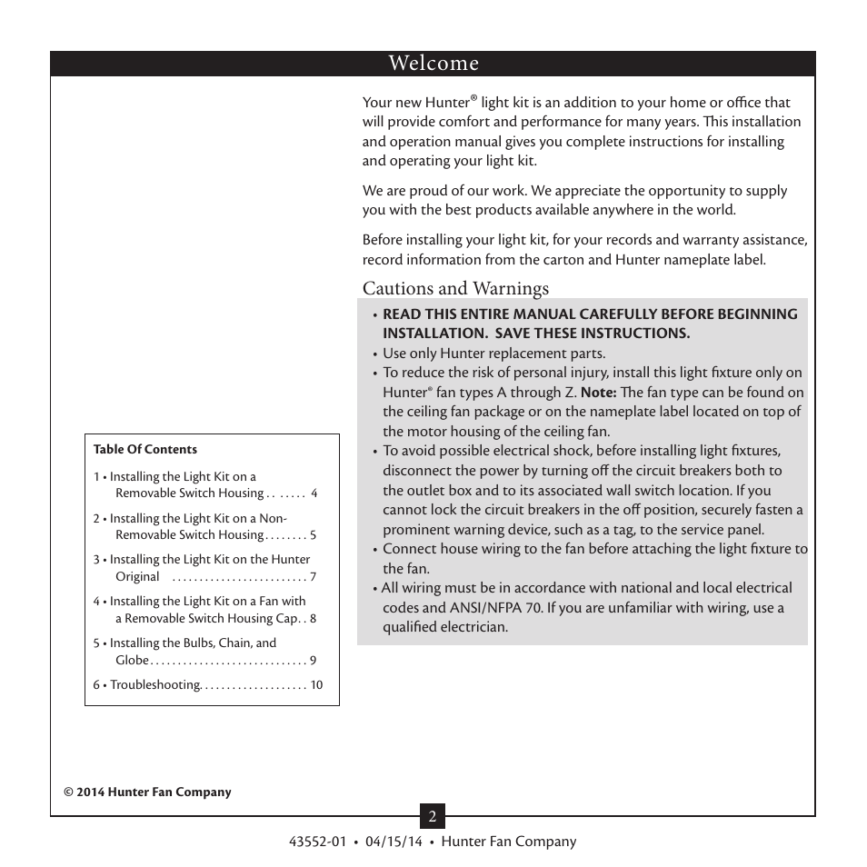 Welcome, Cautions and warnings | Hunter 28547 Outdoor Marine II Low Profile Globe Light Kit User Manual | Page 2 / 10