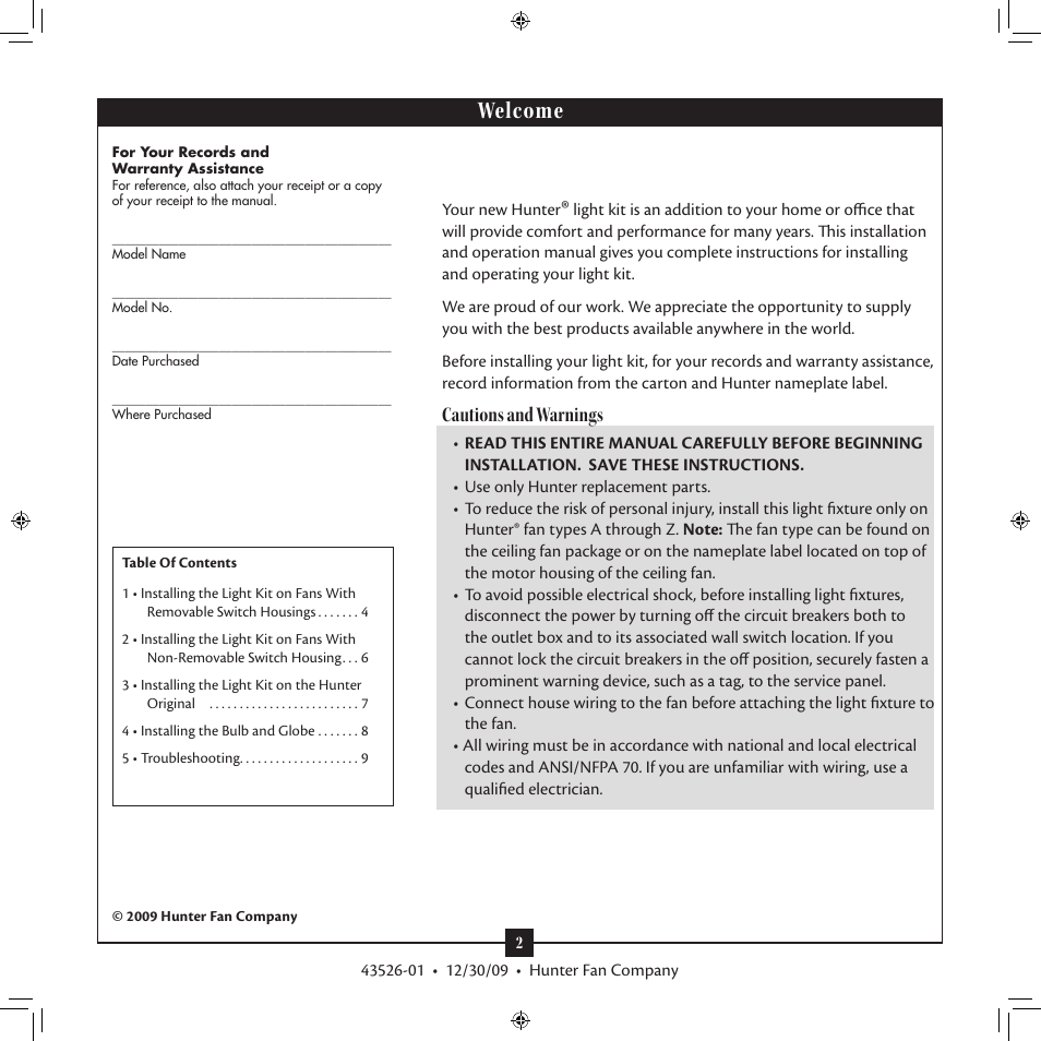 Welcome, Cautions and warnings | Hunter 28318 Outdoor Polycarbonate Light Kit User Manual | Page 2 / 9