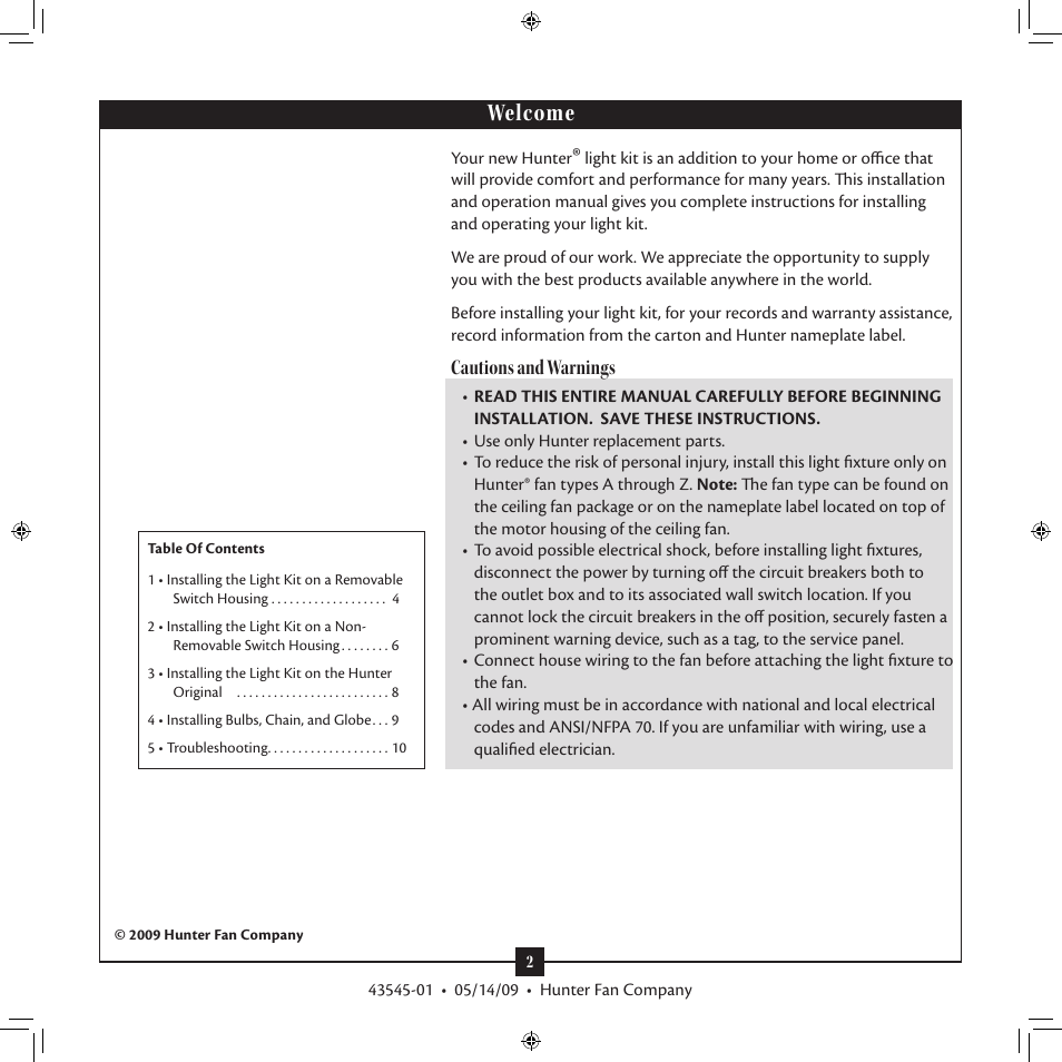 Welcome, Cautions and warnings | Hunter 22057 Outdoor Globe Light Kit User Manual | Page 2 / 10