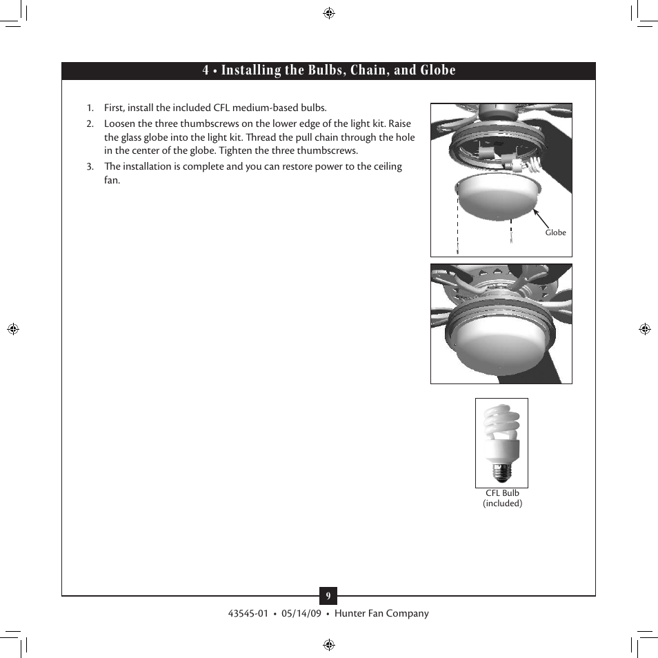 4 • installing the bulbs, chain, and globe | Hunter 22057 Outdoor Globe Light Kit User Manual | Page 9 / 10