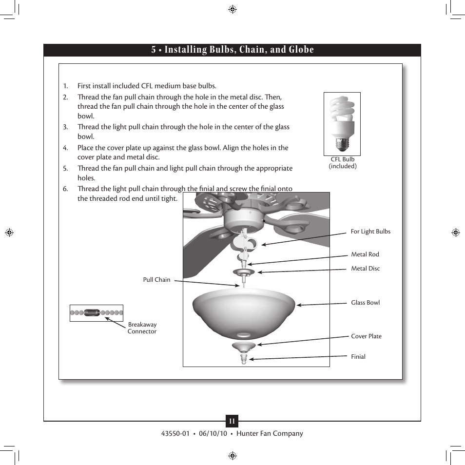 5 • installing bulbs, chain, and globe | Hunter 28568 Swirled Marble Dual Use Bowl Light Kit User Manual | Page 11 / 12
