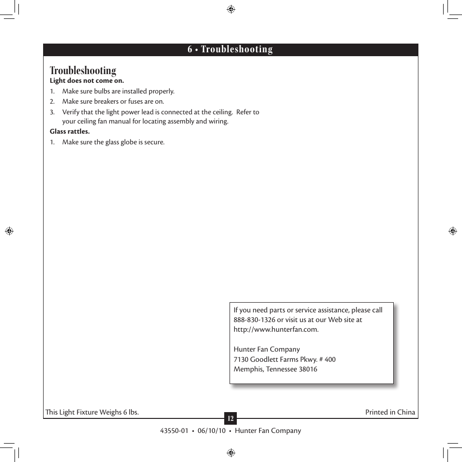 Troubleshooting, 6 • troubleshooting | Hunter 28568 Swirled Marble Dual Use Bowl Light Kit User Manual | Page 12 / 12