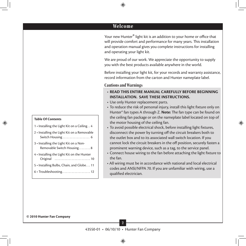 Welcome, Cautions and warnings | Hunter 28568 Swirled Marble Dual Use Bowl Light Kit User Manual | Page 2 / 12