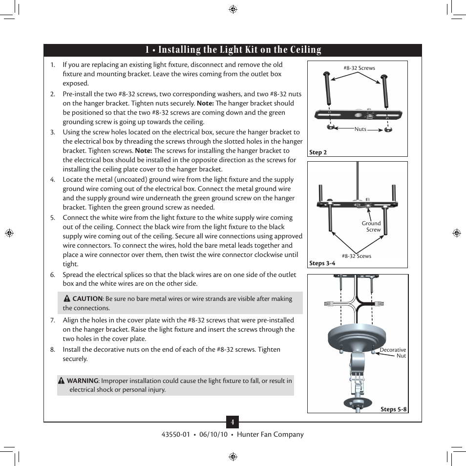 1 • installing the light kit on the ceiling | Hunter 28568 Swirled Marble Dual Use Bowl Light Kit User Manual | Page 4 / 12