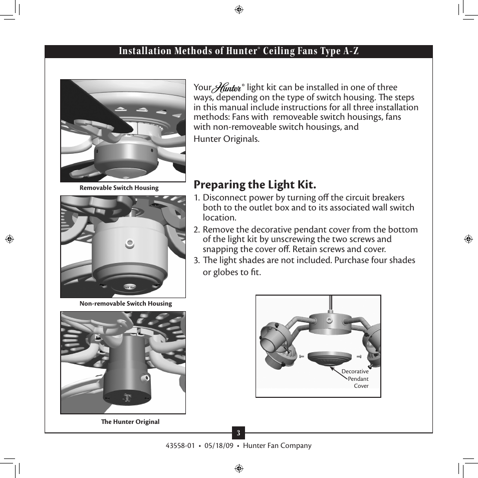 Preparing the light kit | Hunter 28129 Four-Light White Straight Arm Fitter User Manual | Page 3 / 10