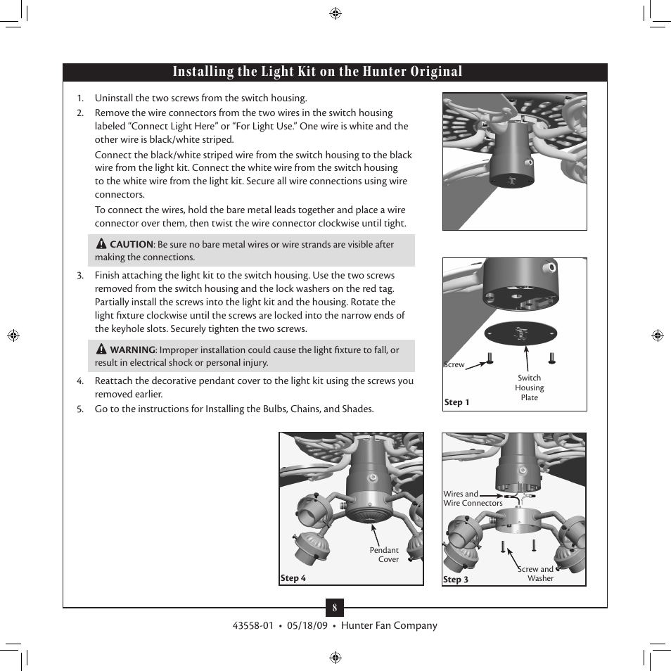 Installing the light kit on the hunter original | Hunter 28129 Four-Light White Straight Arm Fitter User Manual | Page 8 / 10