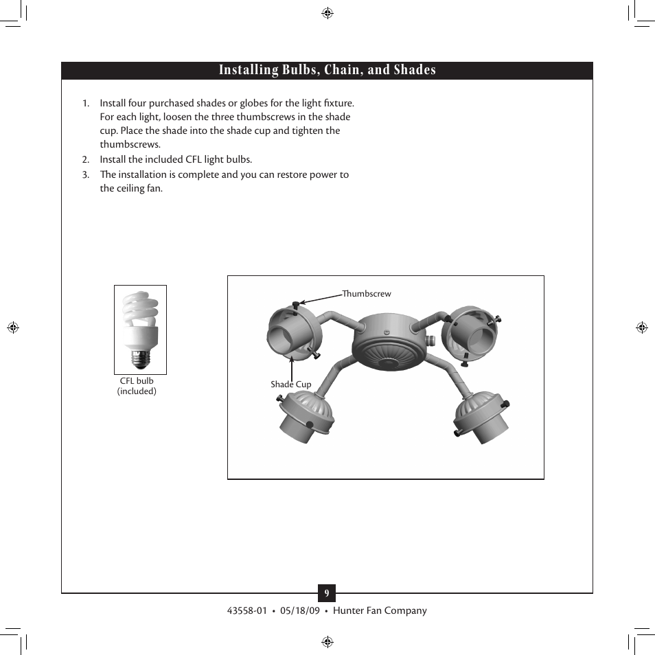 Installing bulbs, chain, and shades | Hunter 28129 Four-Light White Straight Arm Fitter User Manual | Page 9 / 10