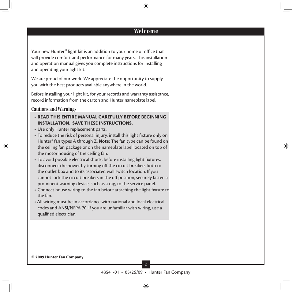Welcome | Hunter 26167, 26168, 26169 Tribeca Light Kit User Manual | Page 2 / 5