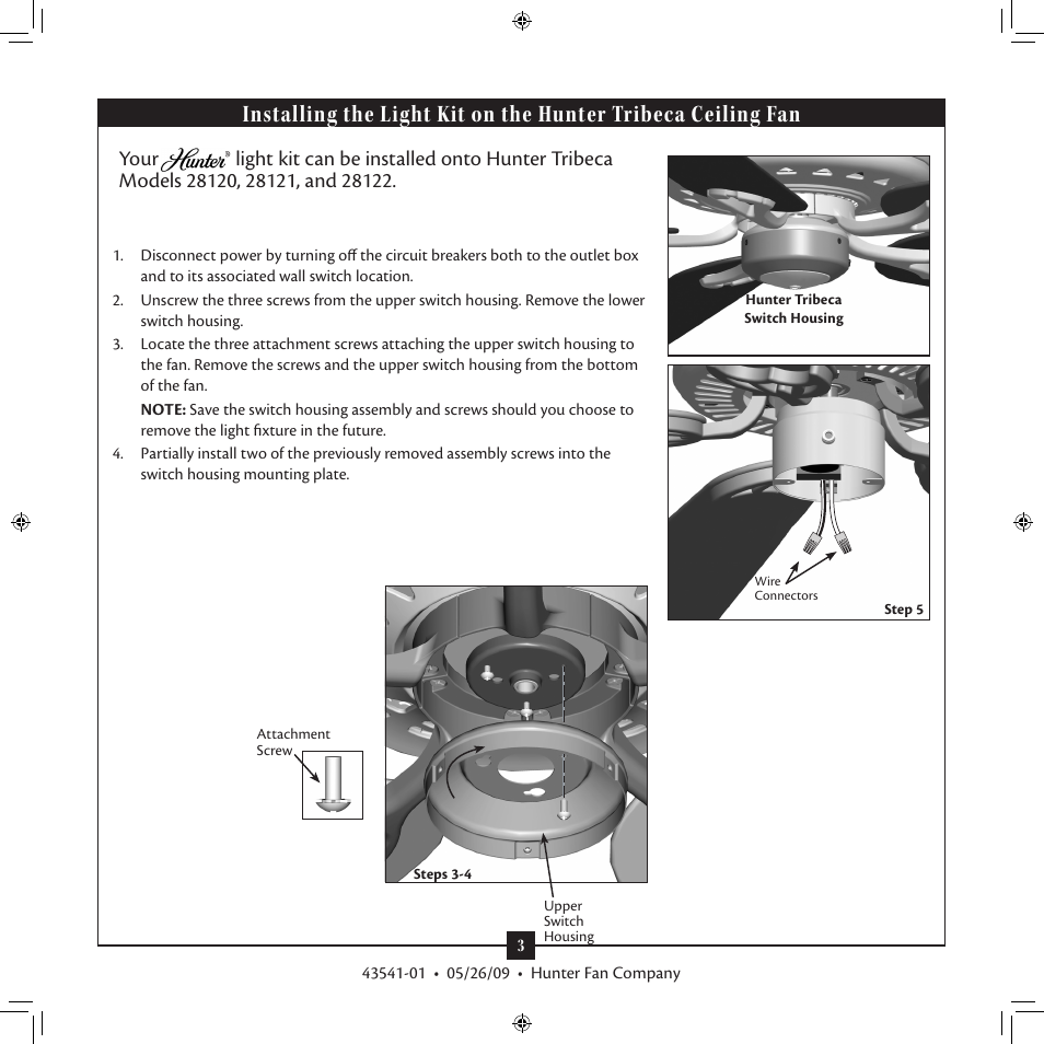 Hunter 26167, 26168, 26169 Tribeca Light Kit User Manual | Page 3 / 5