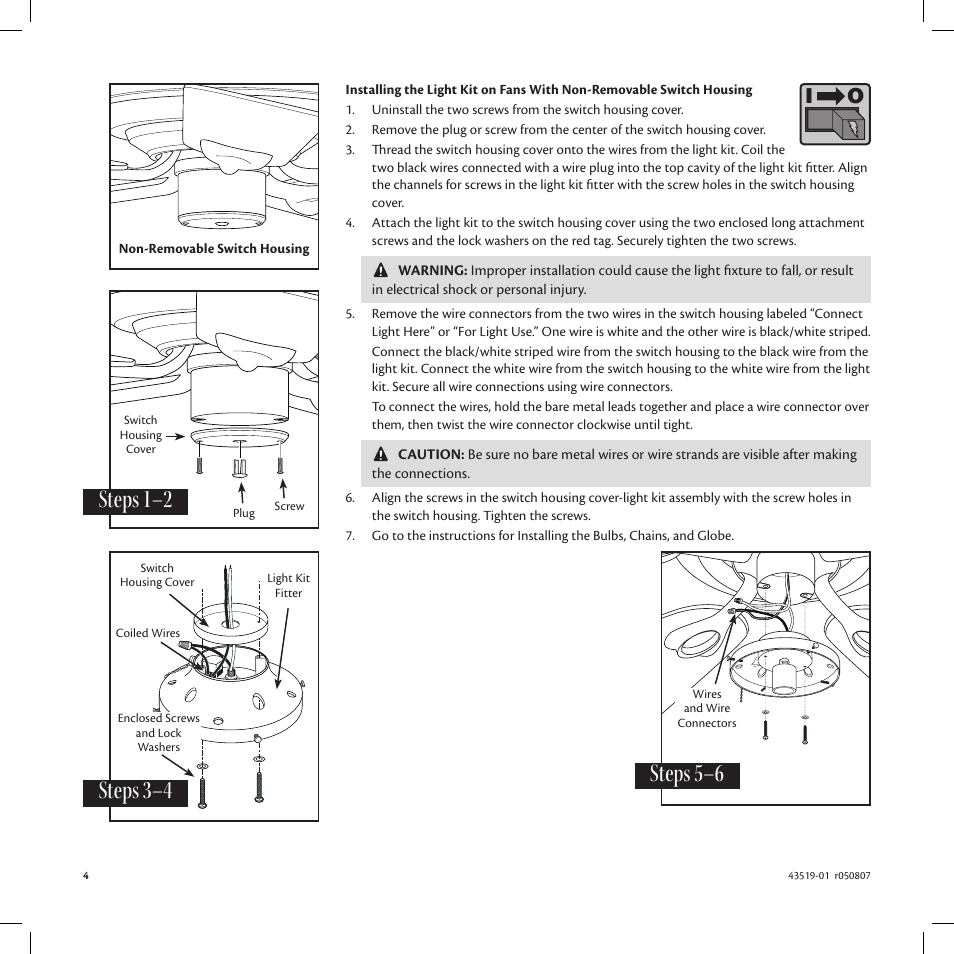 Steps 1–2, Steps 5–6, Steps 3–4 | Hunter 22515 8 Opal Glass Schoolhouse Globe User Manual | Page 4 / 6