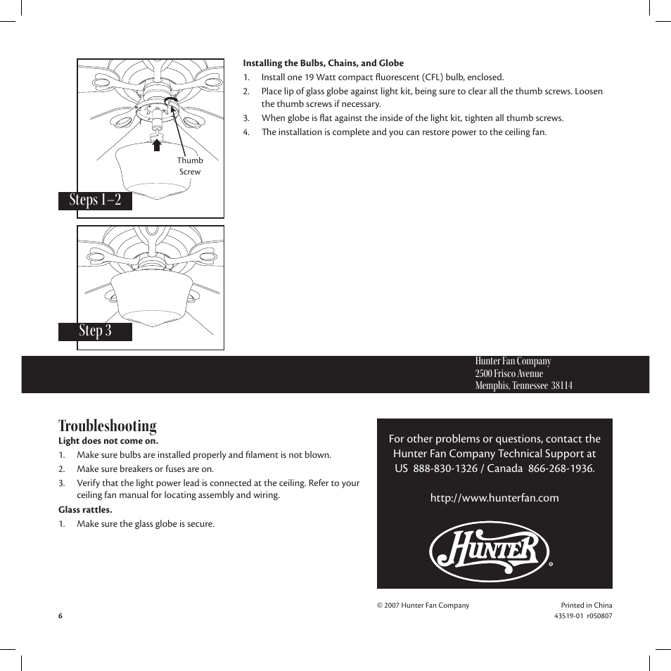 Troubleshooting, Steps 1–2 step 3 | Hunter 22515 8 Opal Glass Schoolhouse Globe User Manual | Page 6 / 6