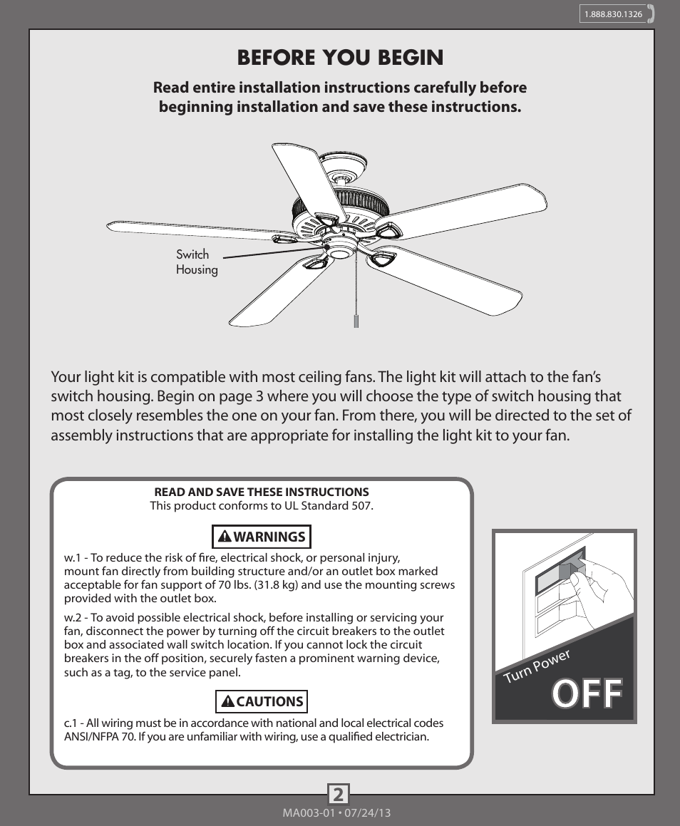 Before you begin | Hunter 99023 Bowl Light Fitter User Manual | Page 2 / 10