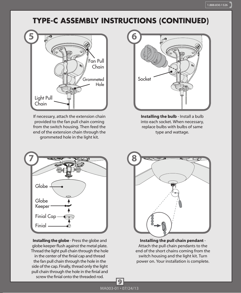 9type-c assembly instructions (continued) | Hunter 99023 Bowl Light Fitter User Manual | Page 9 / 10