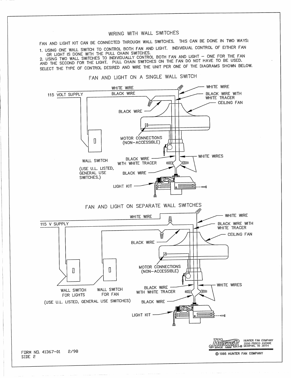 Wiring with wall switches, Fan and light on a single wall switch, Fan and light on separate wall switches | Mm/im | Hunter 25271 Globe Fitter User Manual | Page 2 / 3