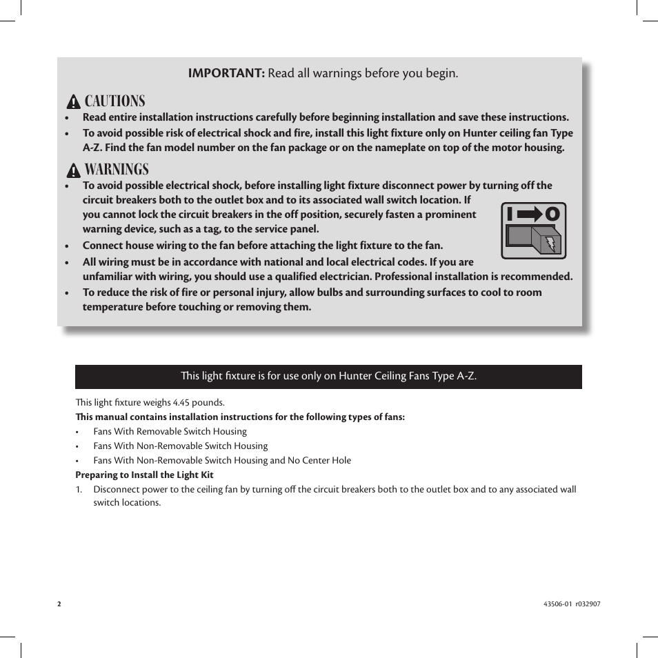 Cautions, Warnings | Hunter 22555 10 Opal Glass Schoolhouse Globe User Manual | Page 2 / 6