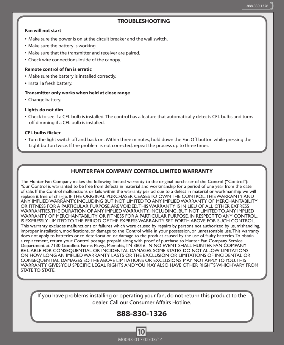 Hunter 99179, 99180, 99181 Original Accessory Control and Canopy Kit User Manual | Page 10 / 10