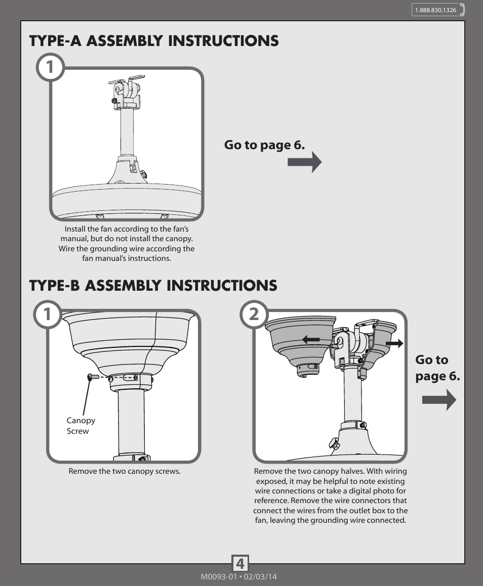 Type-a assembly instructions, Type-b assembly instructions, Go to page 6. go to page 6 | Hunter 99179, 99180, 99181 Original Accessory Control and Canopy Kit User Manual | Page 4 / 10