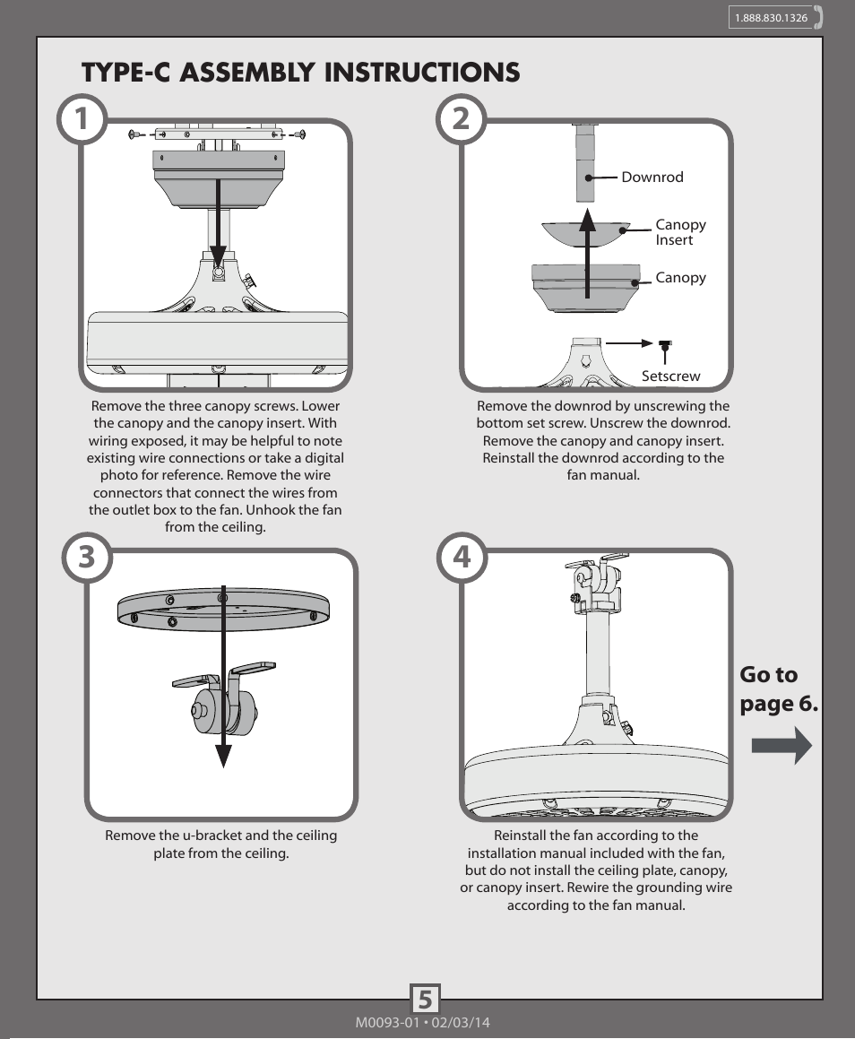 Type-c assembly instructions, Go to page 6 | Hunter 99179, 99180, 99181 Original Accessory Control and Canopy Kit User Manual | Page 5 / 10