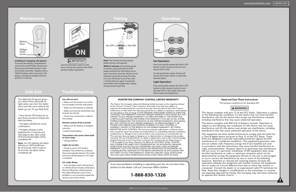 Troubleshooting safe-exit, Pairing maintenance, Operation | Hunter 99118 Basic On/Off Handheld User Manual | Page 2 / 2