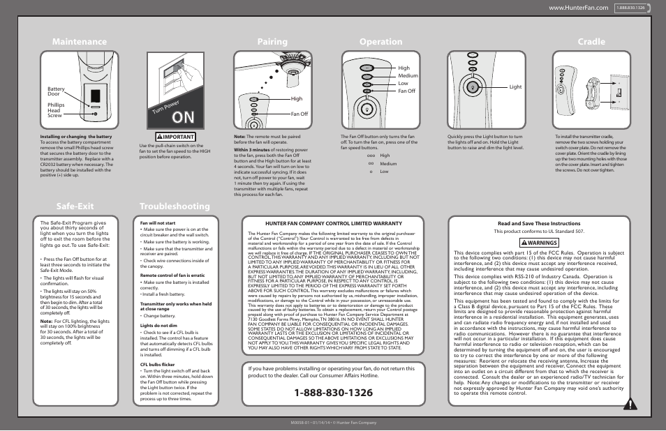 Pairing, Operation maintenance, Troubleshooting safe-exit | Cradle | Hunter 99119 Fan/Light Universal Handheld User Manual | Page 2 / 2