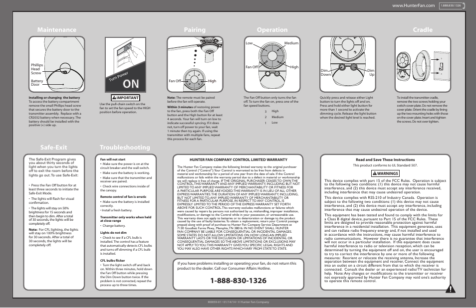 Pairing, Operation maintenance, Troubleshooting safe-exit | Cradle | Hunter 99121 Fan/Light Universal Handheld User Manual | Page 2 / 2