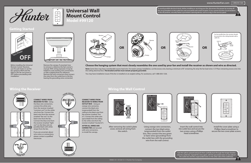 Hunter 99120 Fan/Light Wall User Manual | 2 pages