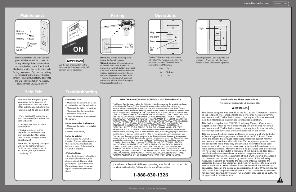 Troubleshooting safe-exit, Pairing, Operations maintenance | Hunter 99120 Fan/Light Wall User Manual | Page 2 / 2