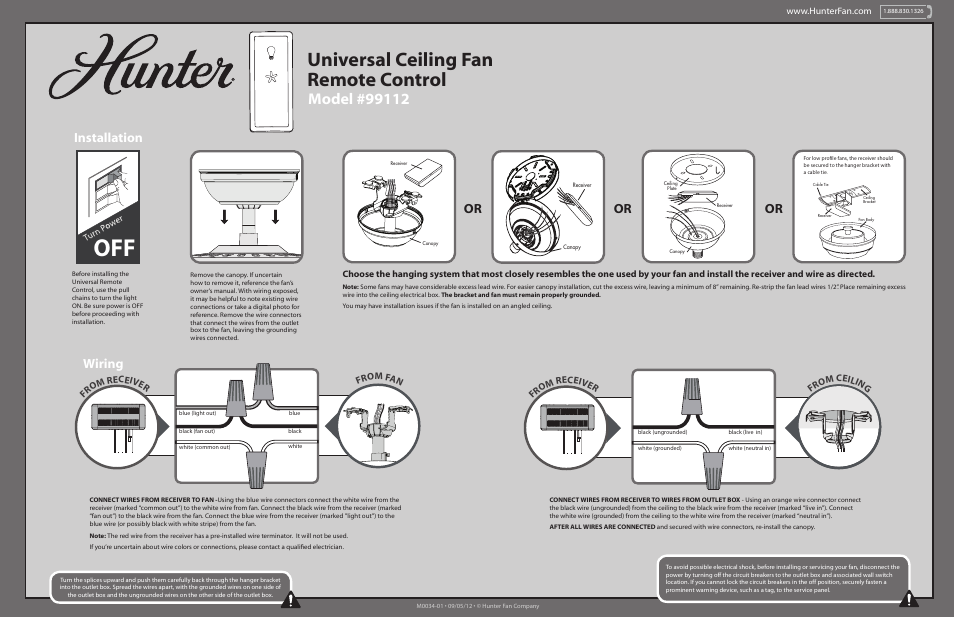 Hunter 99112 On/Off Control User Manual | 2 pages